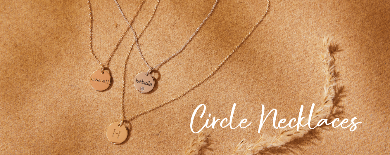 a collection of our original circle necklaces that can be personalized with names, dates and more