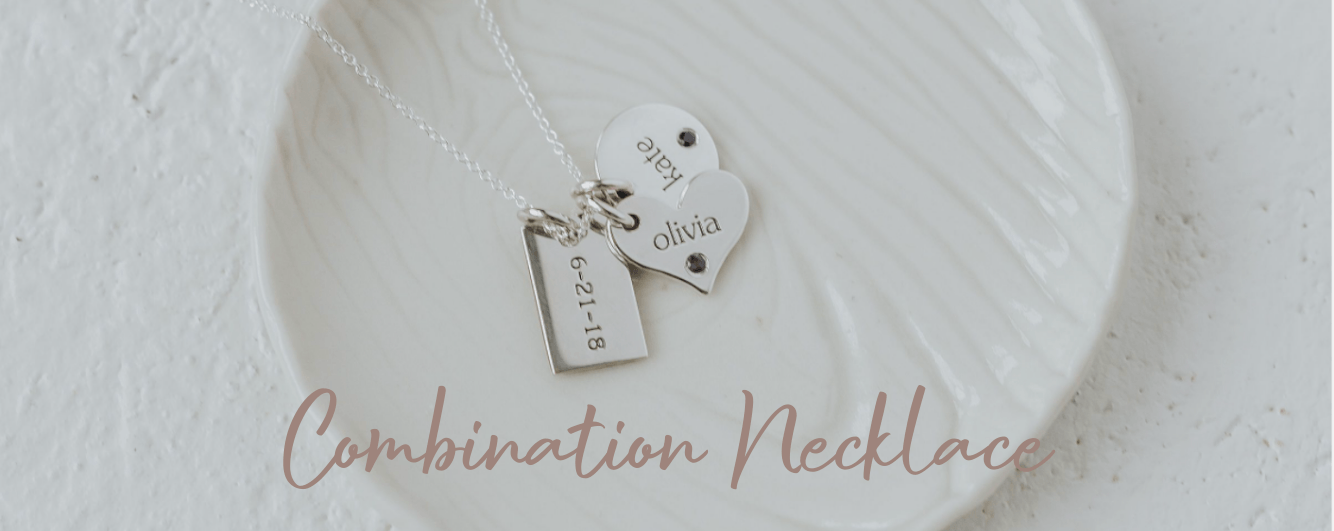 necklaces of combines shapes: hearts, circles and mini dog tags to personalize with you kids names, birthdays and more
