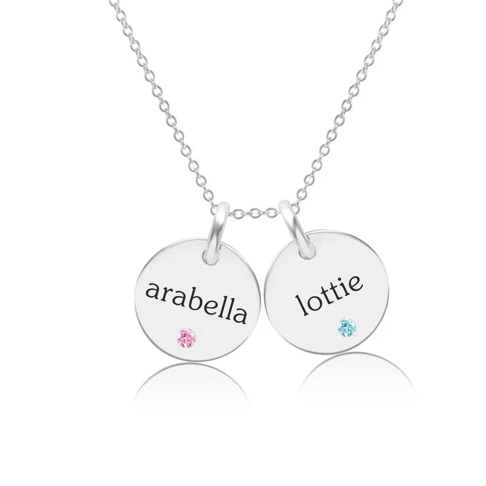 Circle Tag Necklace with Birthstone - 2 Tags