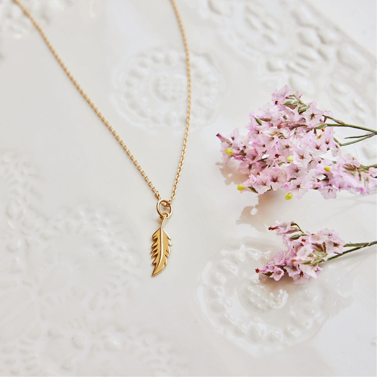 14k Gold Vertical Flamingo Feather Necklace by Lindsey Gurk