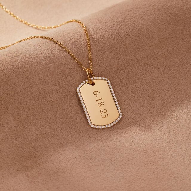 14k Gold Large Pave Dog Tag Necklace Tiny Tags Tiny Tags