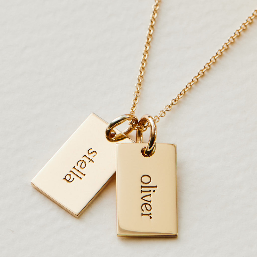 Gold mini dog tag necklace two names