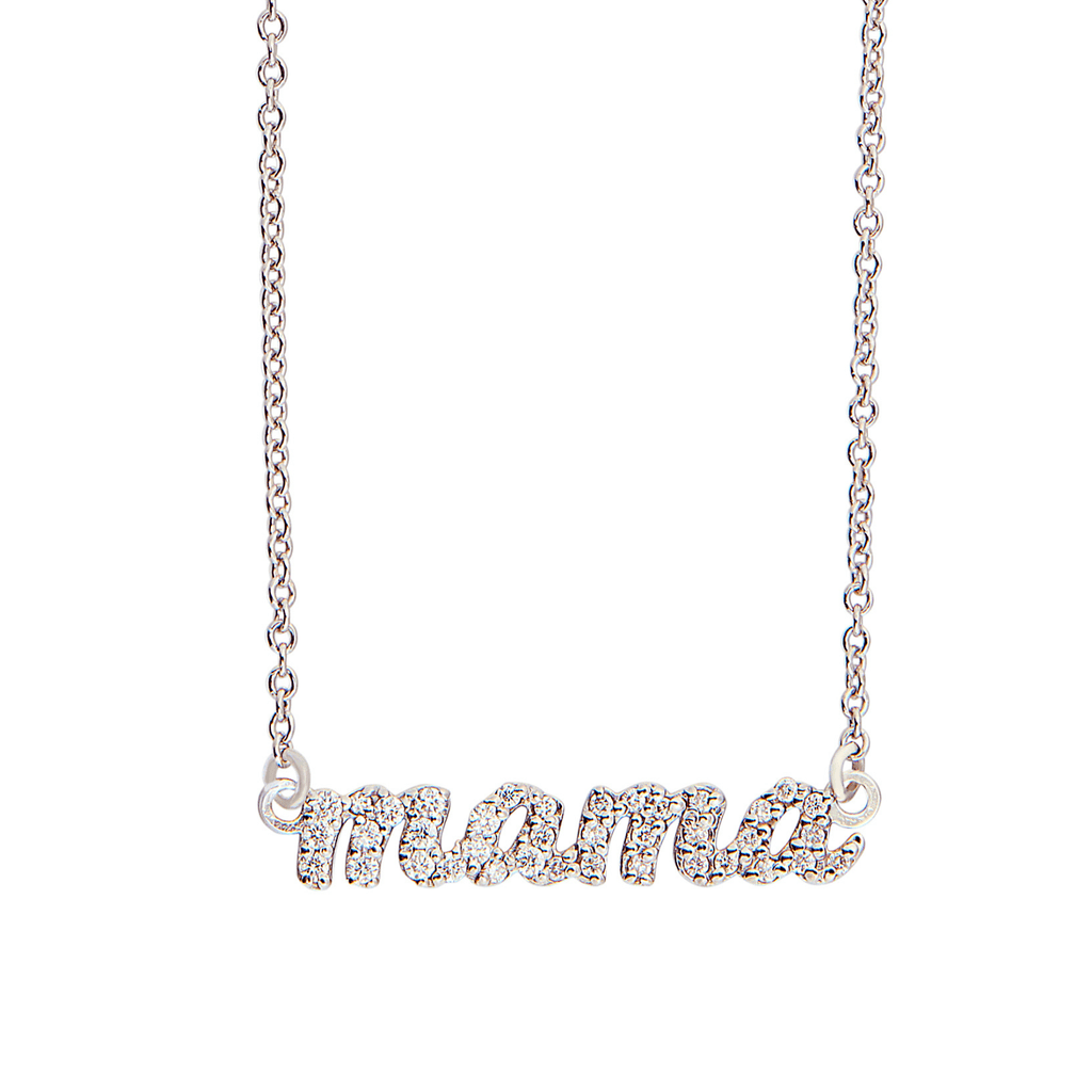 14k Gold Pavé Diamond Script Mama Necklace