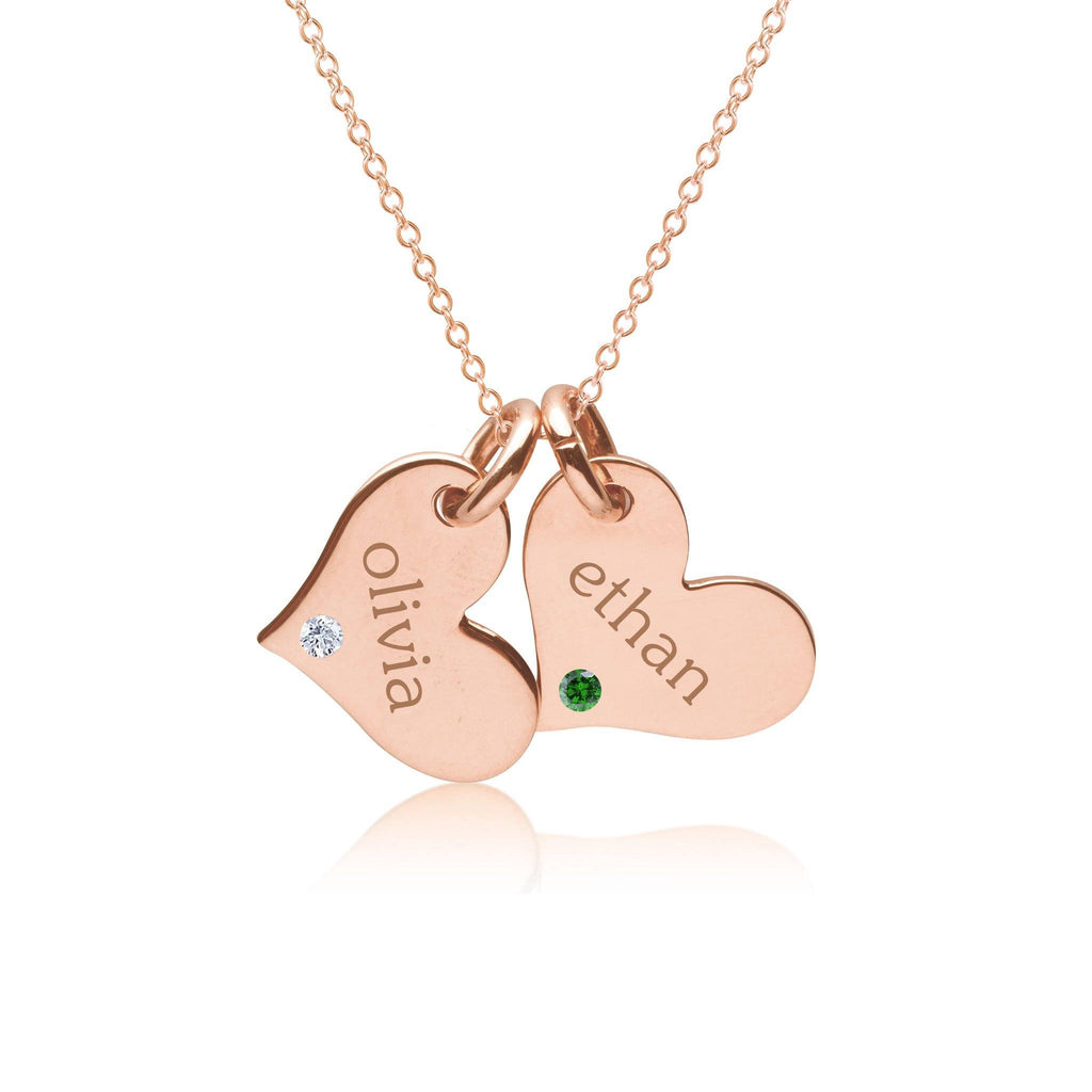 14k Gold Heart Necklace - 2 Hearts With Birthstones