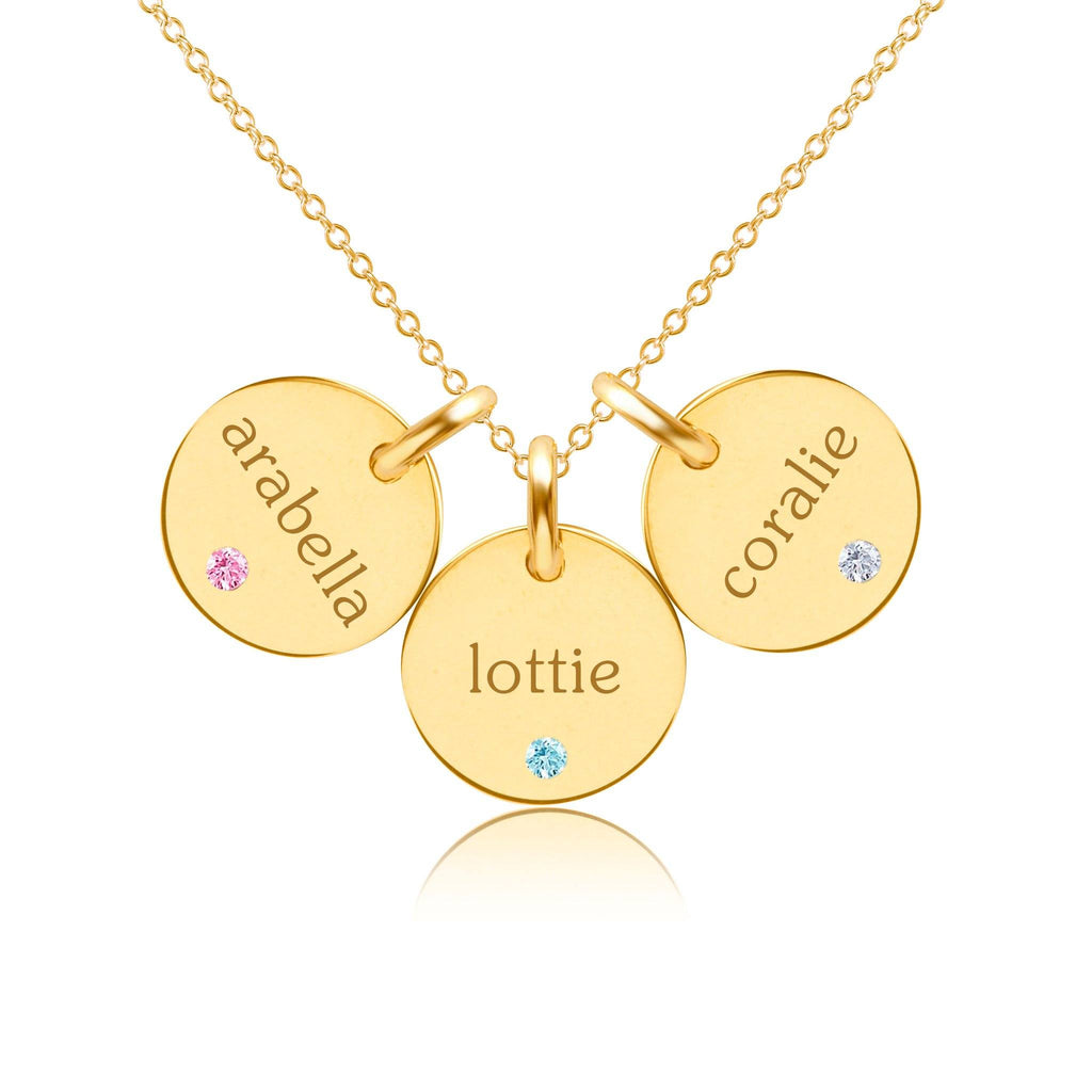 14k Gold Circle Necklace - 3 Names With Birthstones