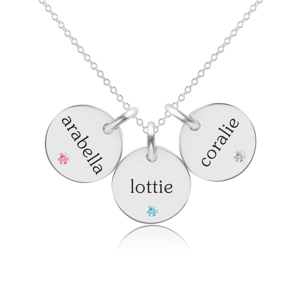 Sterling Silver Circle Necklace - 3 Names With Birthstones