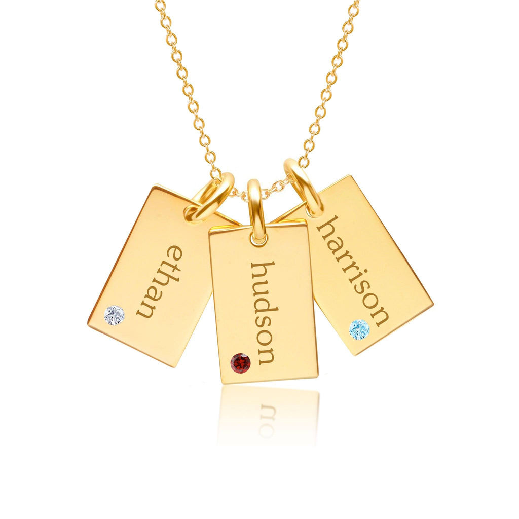 Gold Mini Dog Tag Necklace - 3 Names With Birthstones