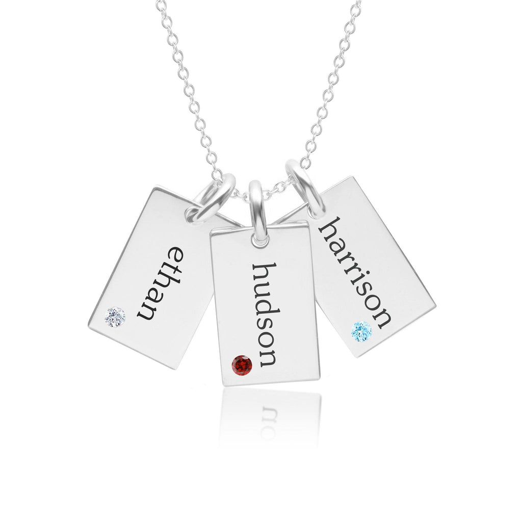 Sterling Silver Mini Dog Tag Necklace - 3 Names With Birthstones