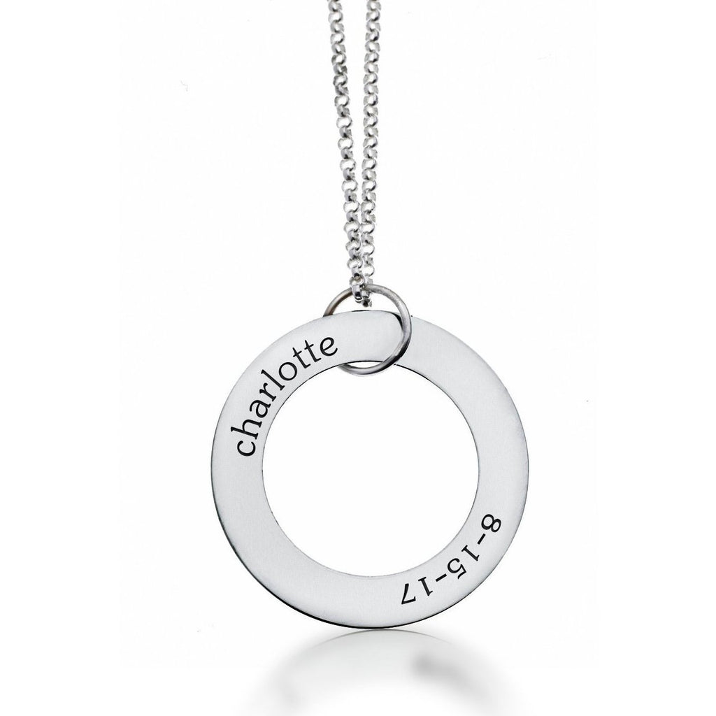 Sterling Silver Circle Pendant Necklace - Name & Birthday