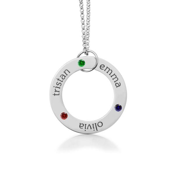 Sterling Silver Circle Pendant Necklace - 3 Names With Birthstones
