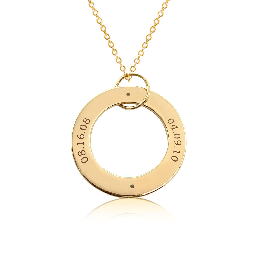 14k Gold Circle Pendant Necklace - 2 Names With Birthstones