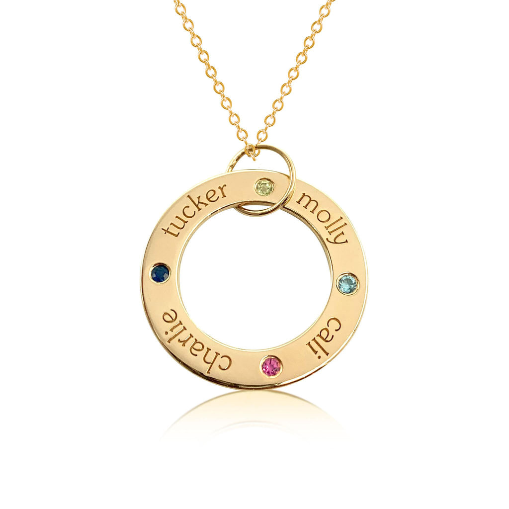 Gold Circle Pendant Necklace - 4 Names With Birthstones
