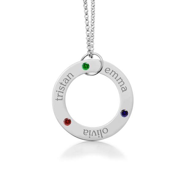 14k Gold Circle Pendant Necklace - 3 Names With Birthstones