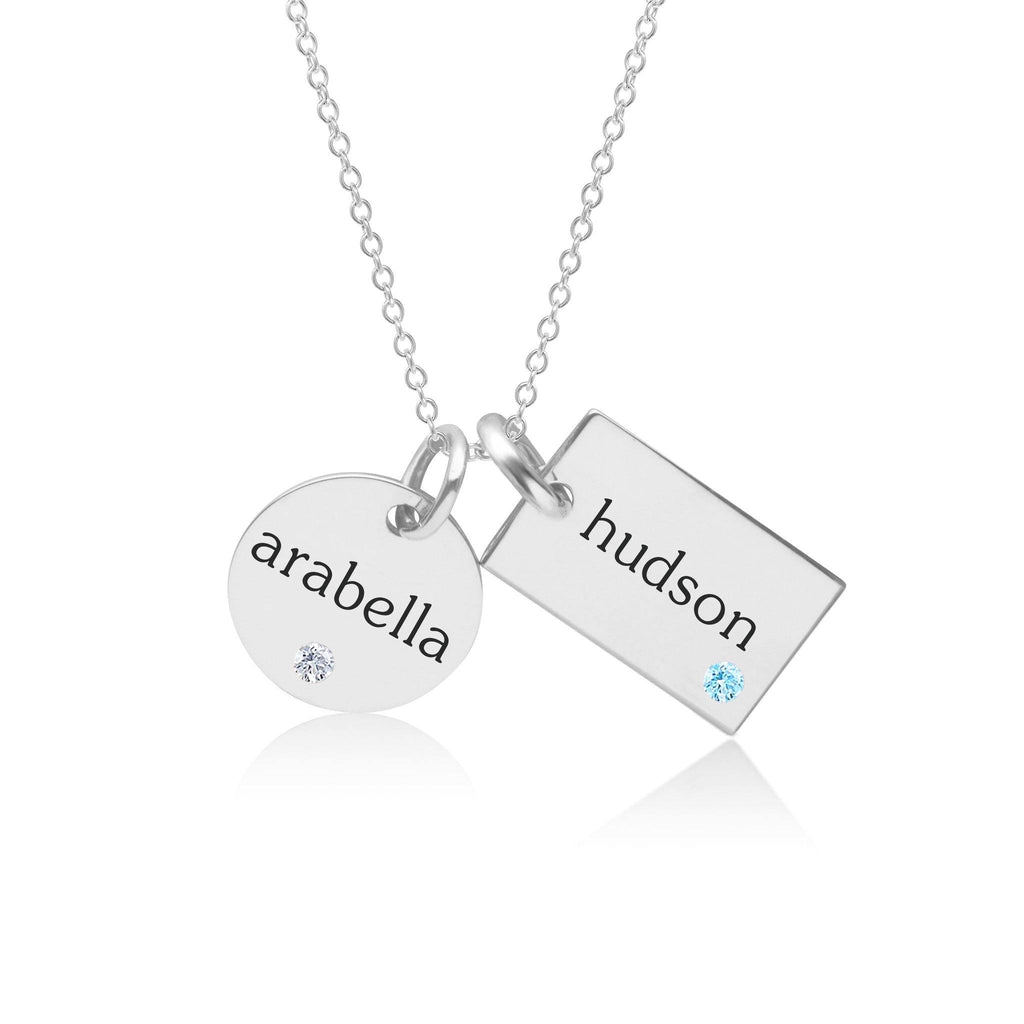 Sterling Silver Circle & Mini Dog Tag Necklace With Birthstones