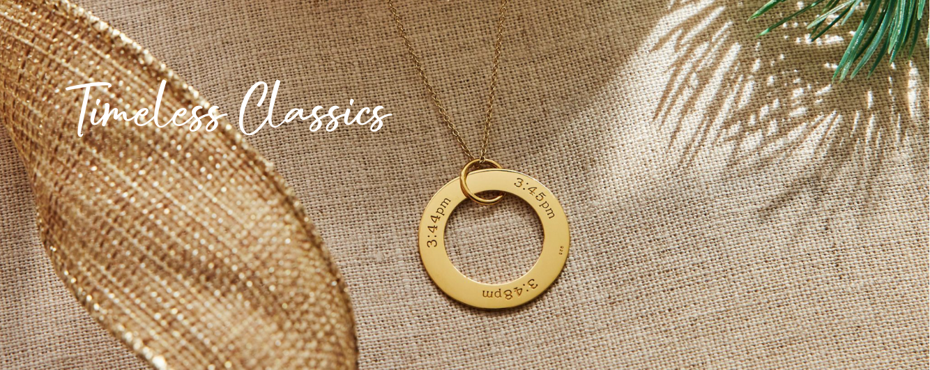 timeless classics jewelry collection shows circle pendant with birth times perfect for a holiday gift for mom