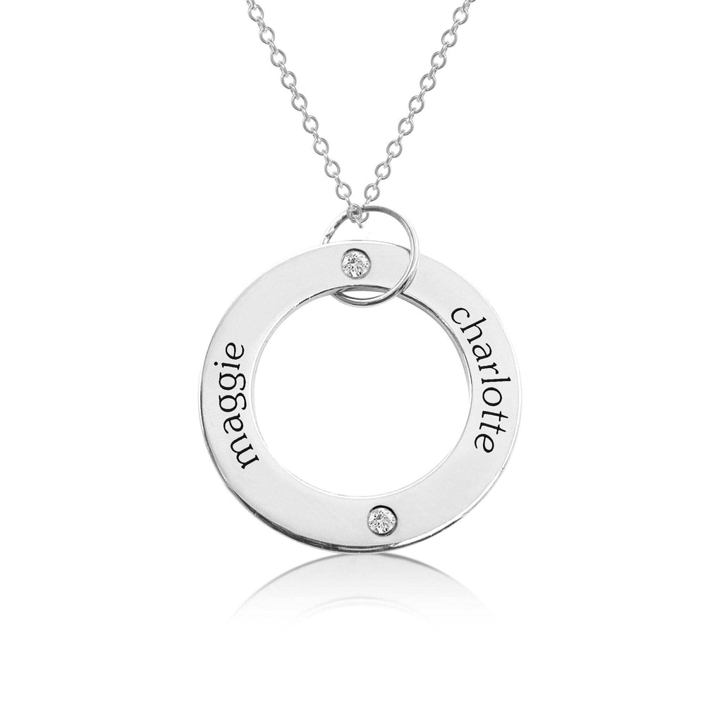 Sterling Silver Circle Pendant Necklace - 2 Names With Birthstones