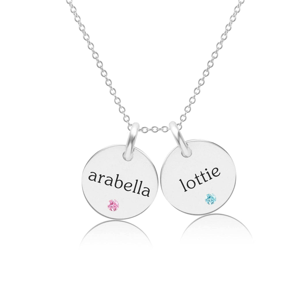 Sterling Silver Circle Necklace - 2 Names With Birthstones