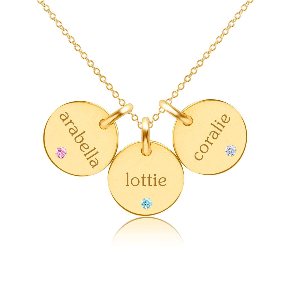 Gold Circle Necklace - 3 Names With Birthstones