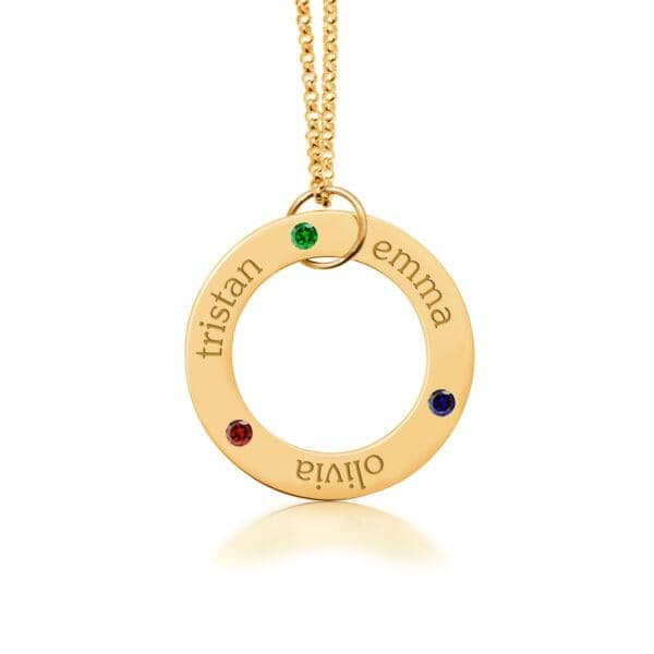 14k Gold Circle Pendant Necklace - 3 Names With Birthstones