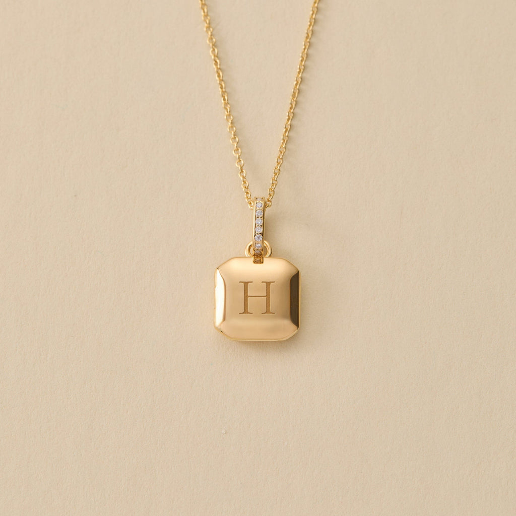 14k Square Mini Locket Necklace with Pavé Jump Ring