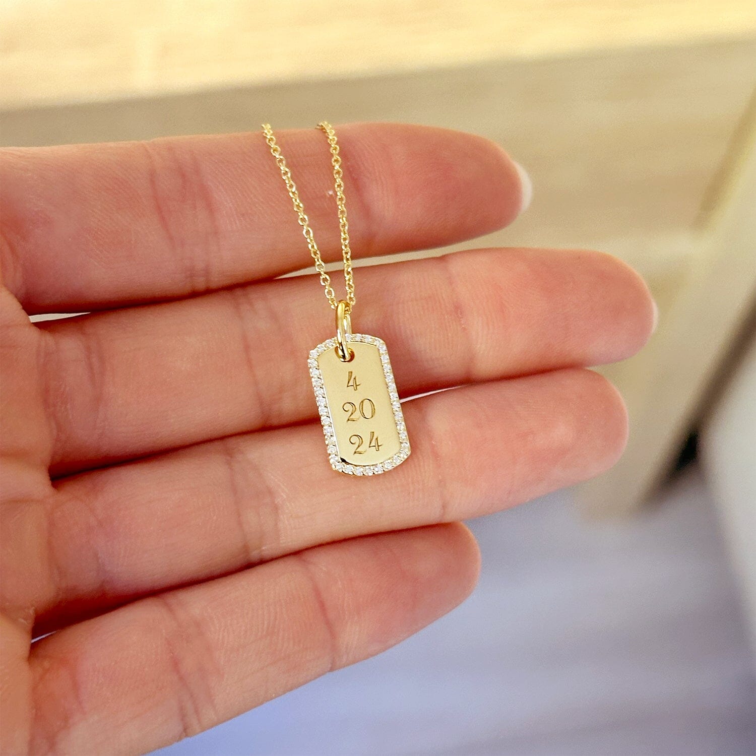 14K Yellow Gold Diamond Pave Dog Tag Necklace