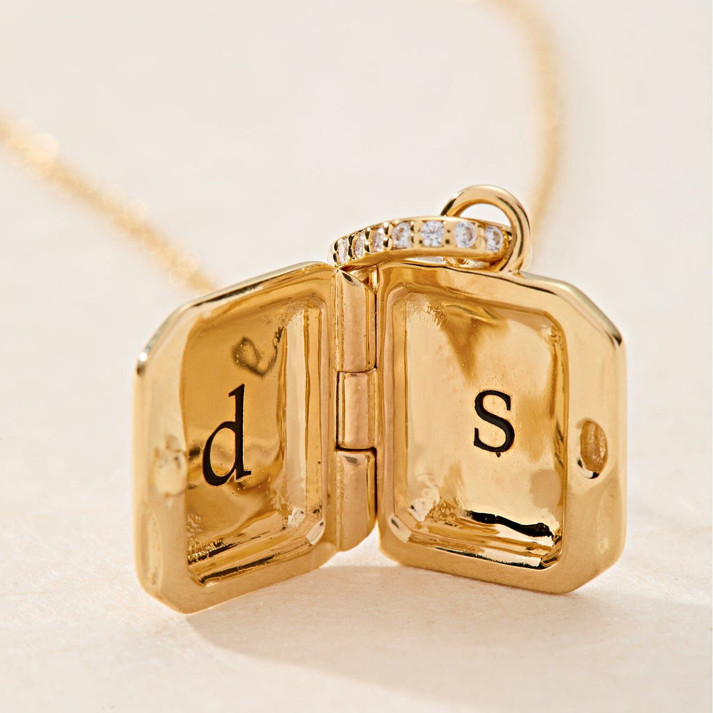 14k Square Mini Locket Necklace with Pavé Jump Ring