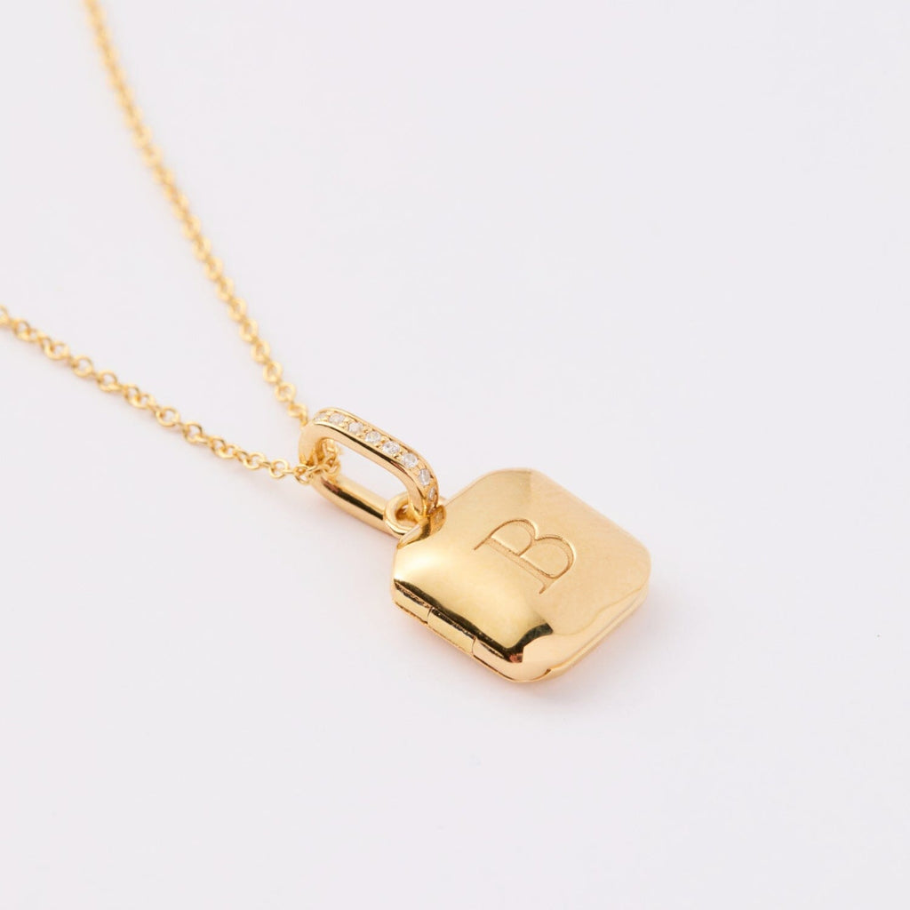 14k Square Mini Locket Necklace with Pavé Jump Ring