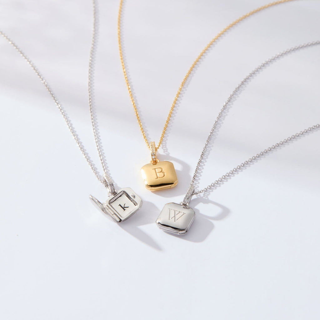 Square Mini Locket Necklace with Pavé Jump Ring