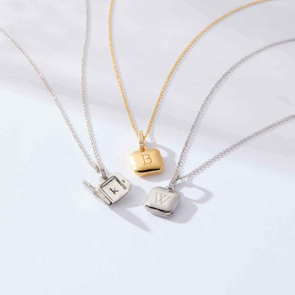 Square Mini Locket Necklace with Pavé Jump Ring