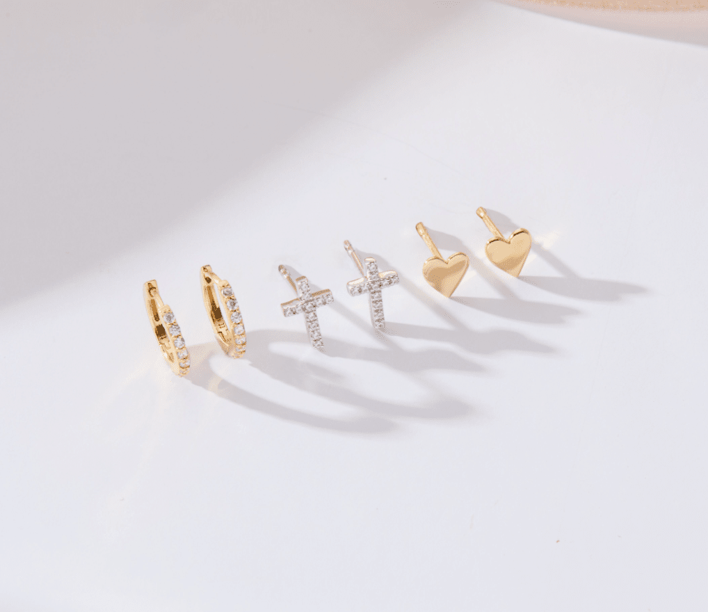 Earring Bundle - 3 Pairs (Huggies, Cross + Heart)