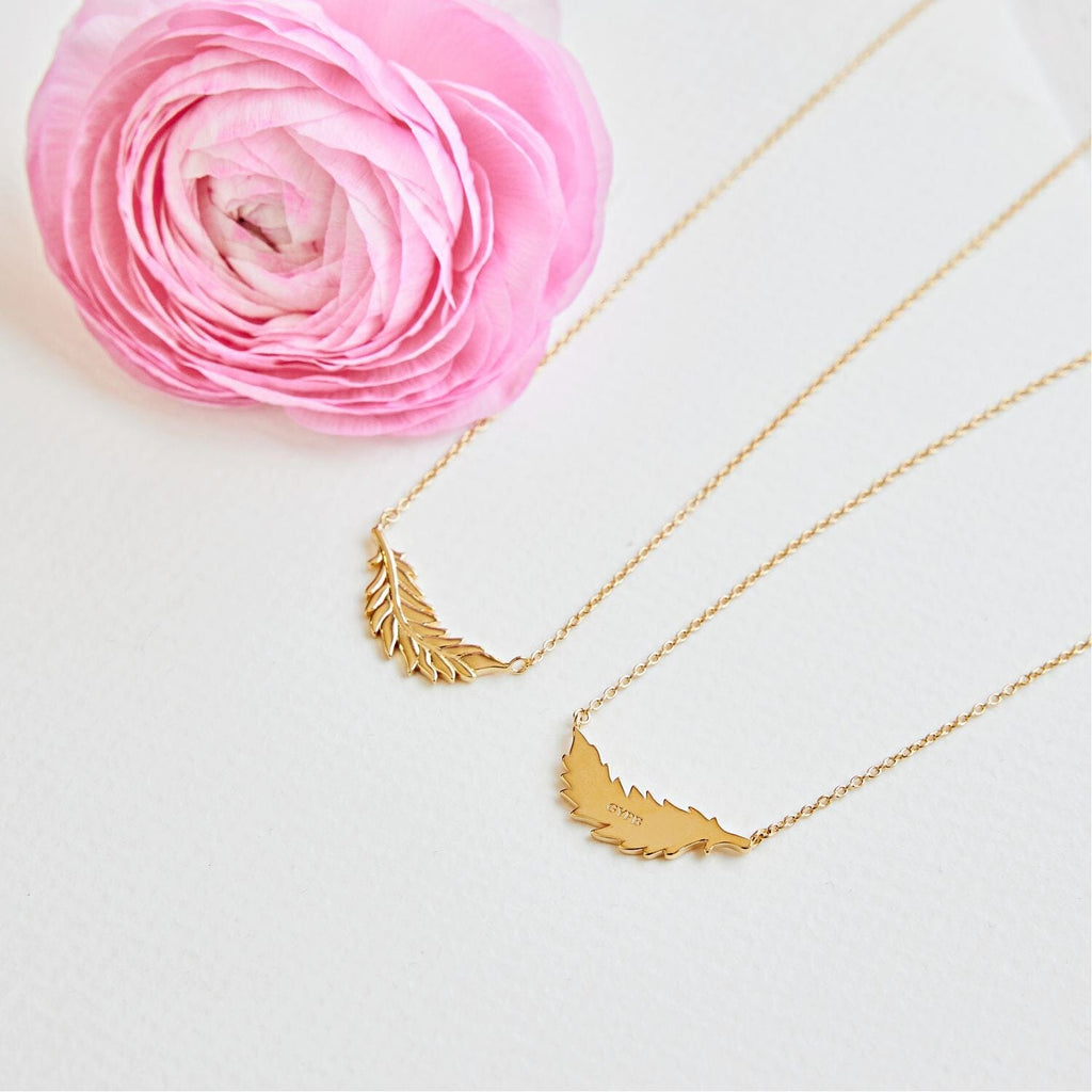 14k Gold Floating Flamingo Feather Necklace by Lindsey Gurk