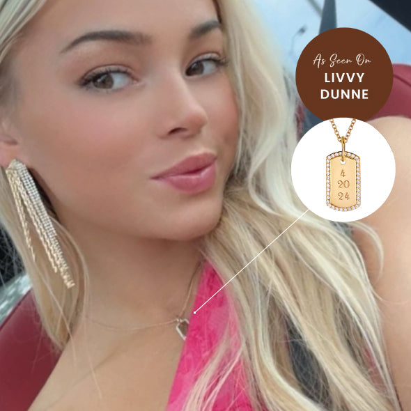 livvy dunne wearing small pave dog tag necklace