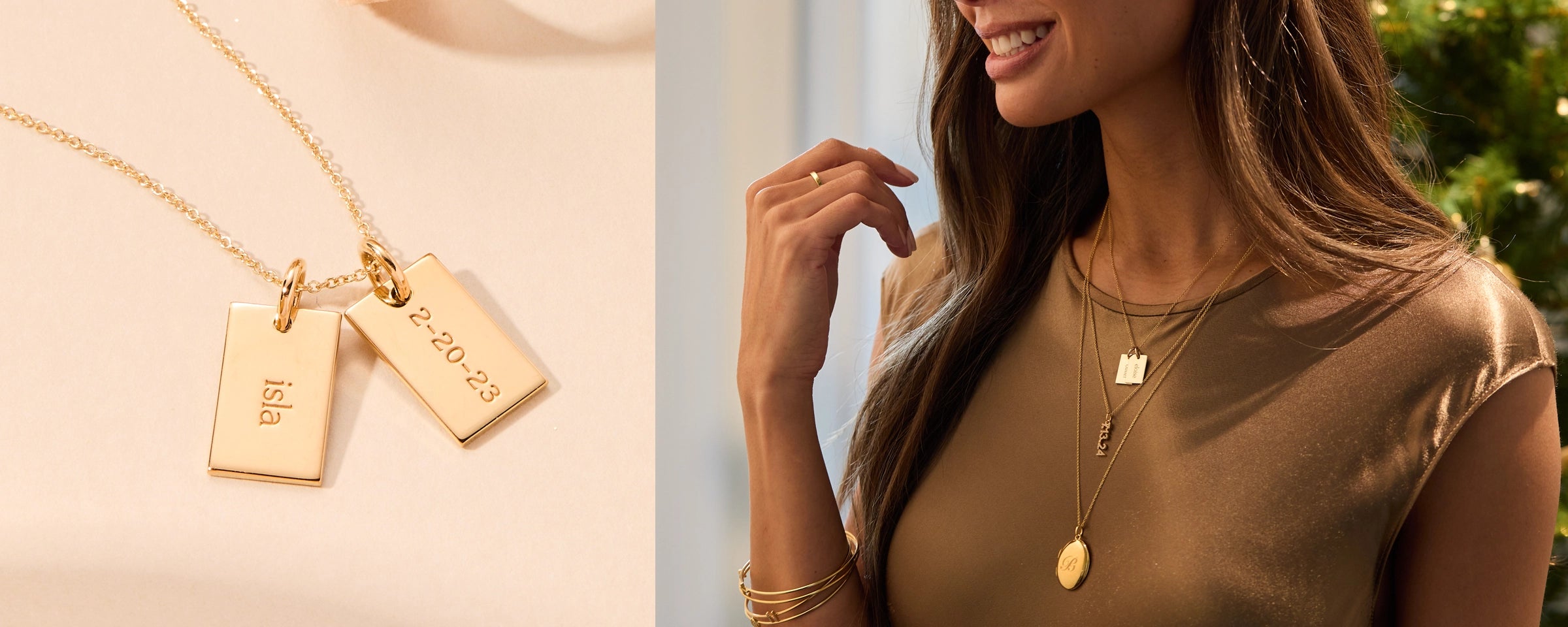 woman wearing gold tiny tags jewelry next to mini dog tags on a table