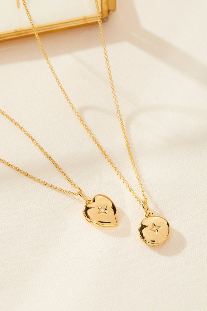 gold heart and round mini locket necklaces