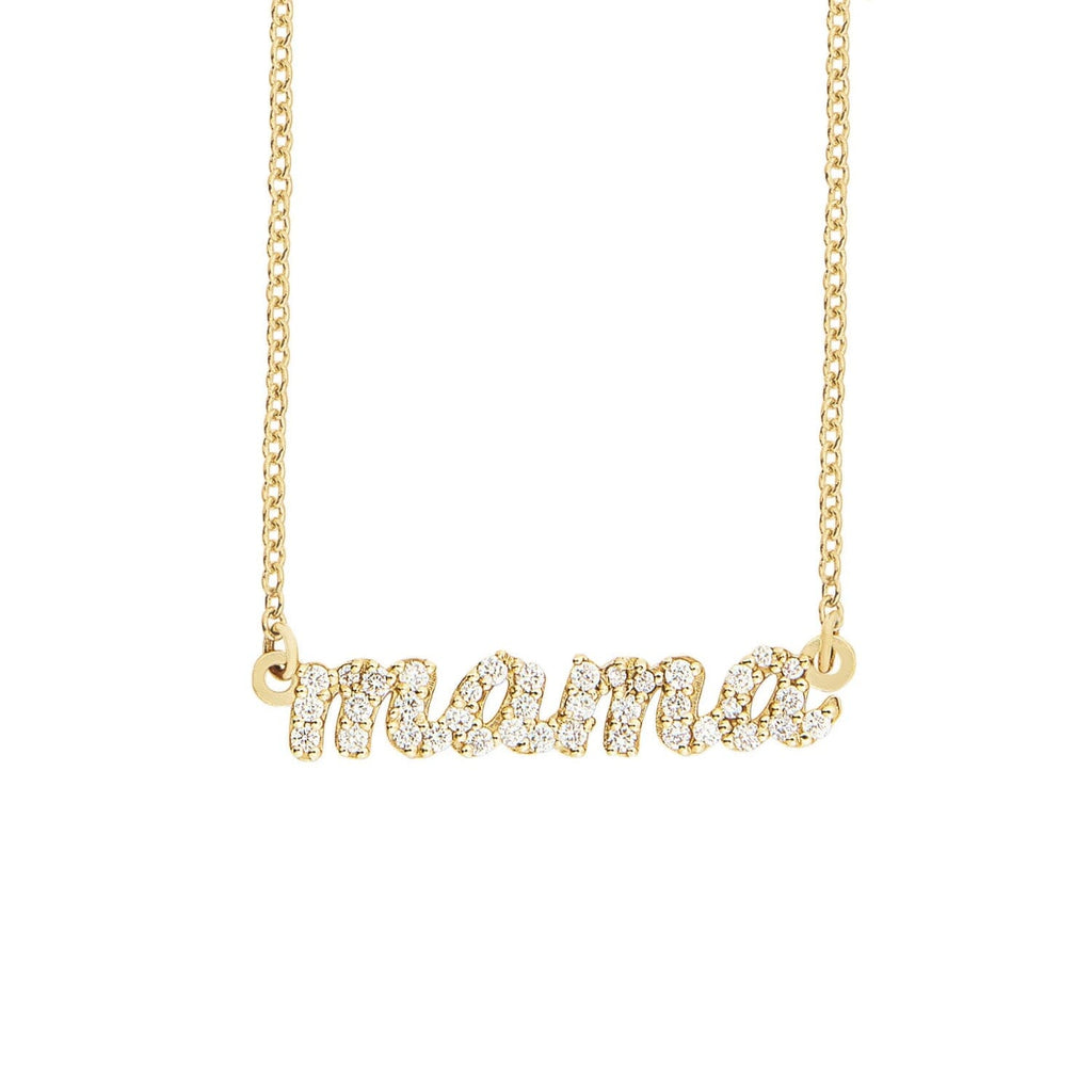 14k Gold Pavé Diamond Script Mama Necklace