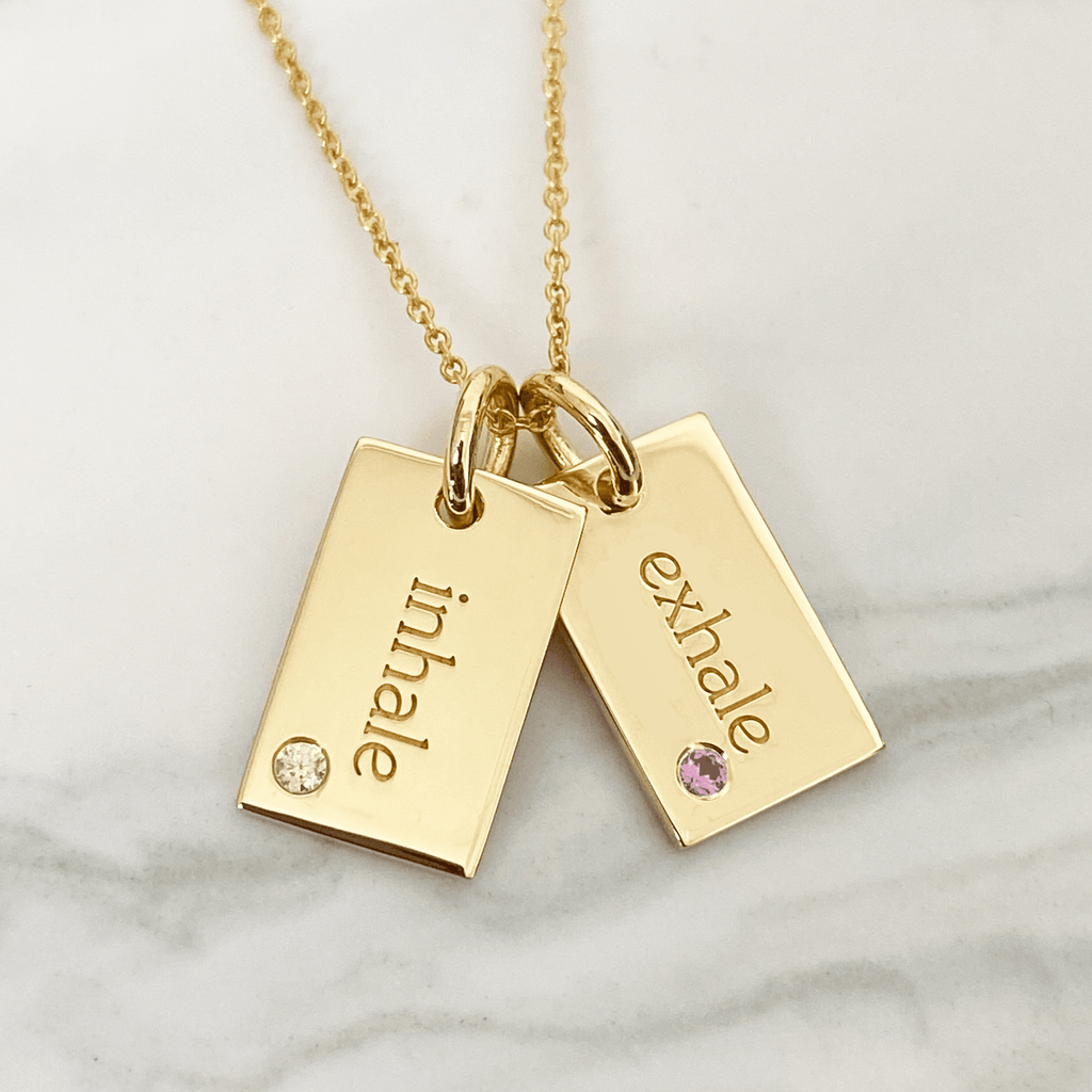 Gold Mini Dog Tag Necklace - 2 Names With Birthstones