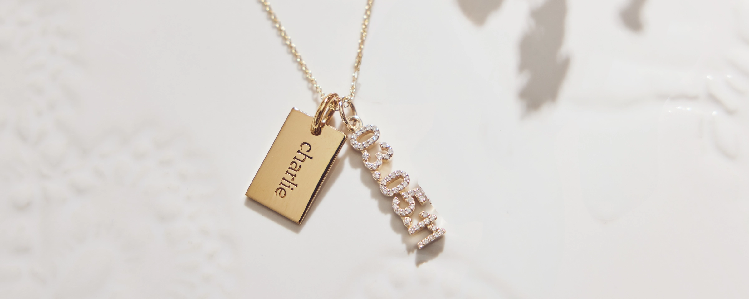 gold mini dog tag and vertical pavé date necklace