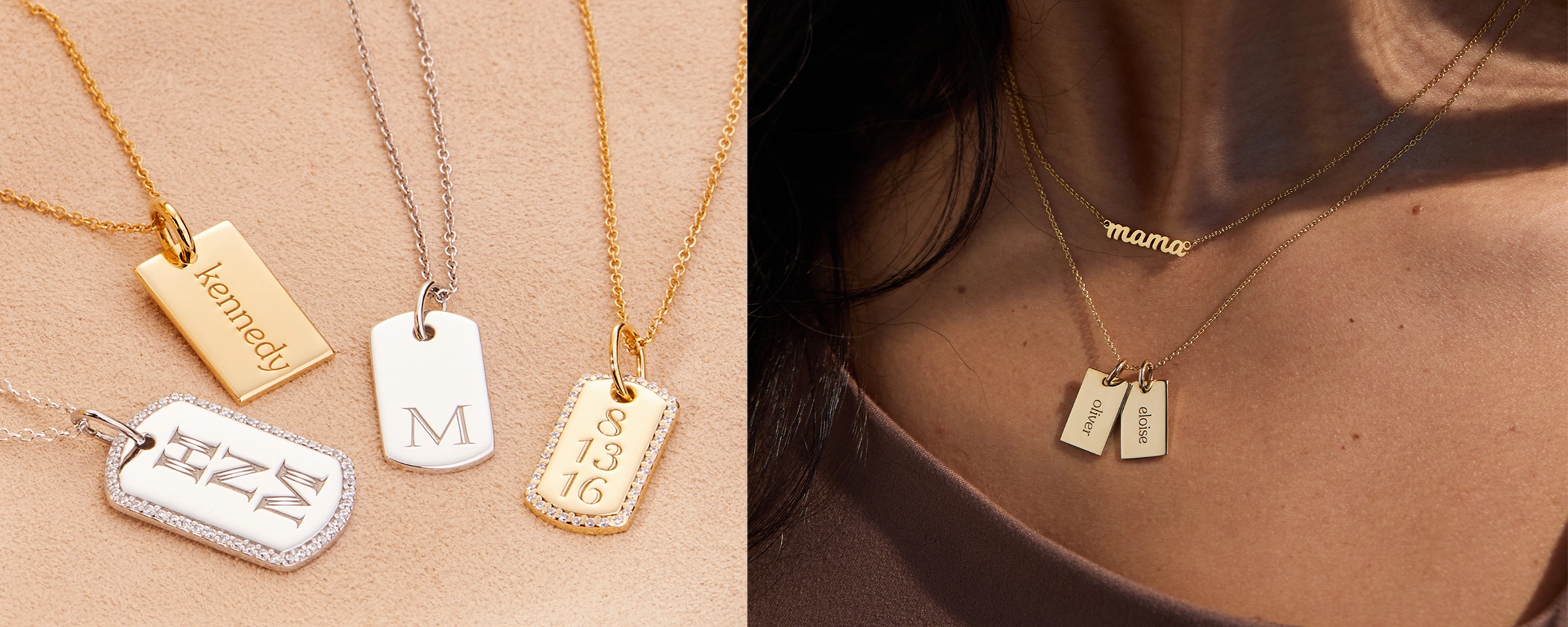 assorted dog tags next to a woman wearing two tiny tags necklaces