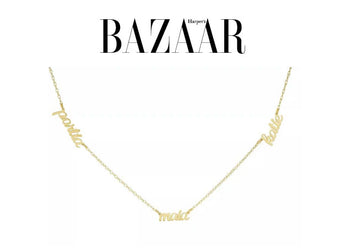 tiny tags three name namplate necklace featured in harper's bazaar