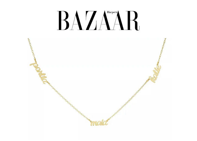 tiny tags three name namplate necklace featured in harper's bazaar