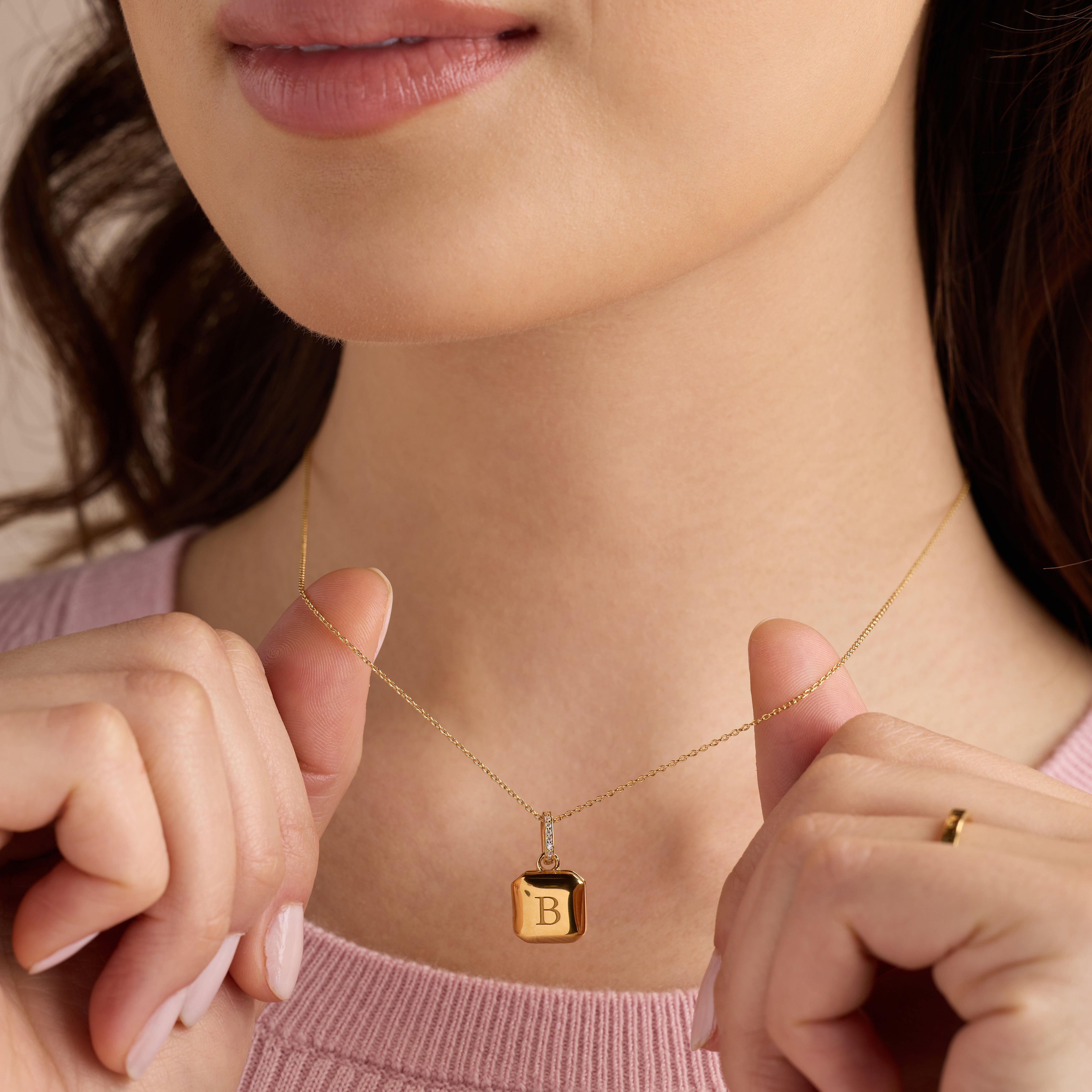 Square Mini Locket Necklace with Pavé Jump Ring