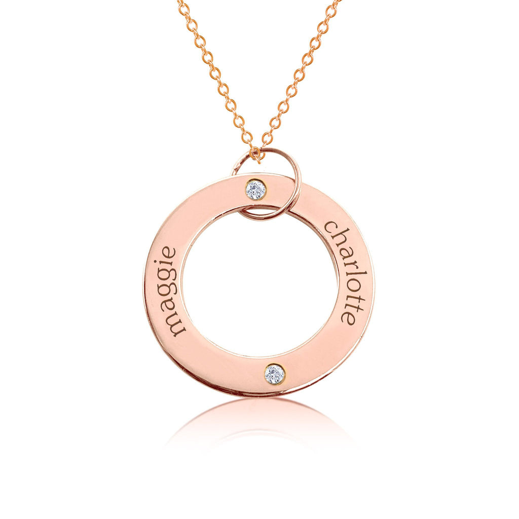 14k Gold Circle Pendant Necklace - 2 Names With Birthstones | Tiny Tags