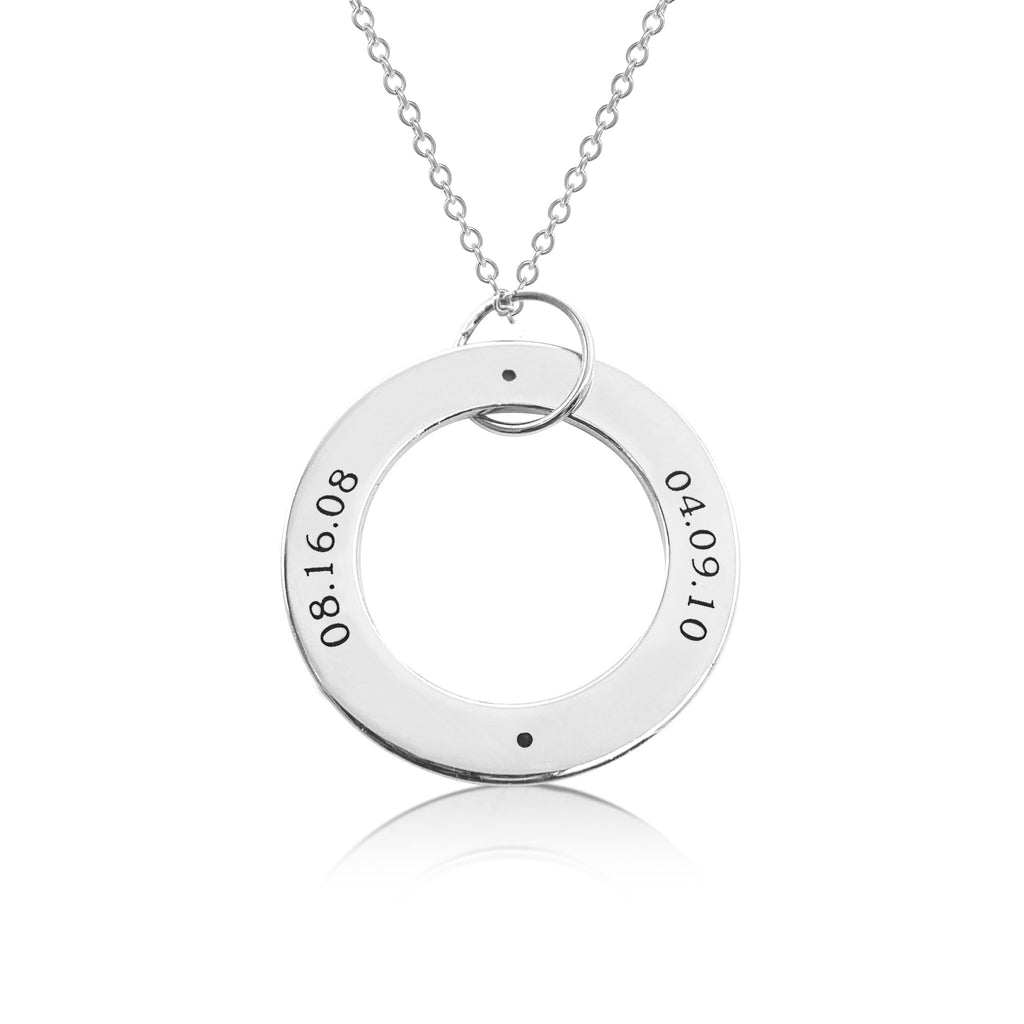 Sterling Silver Circle Pendant Necklace - 2 Names With Birthstones