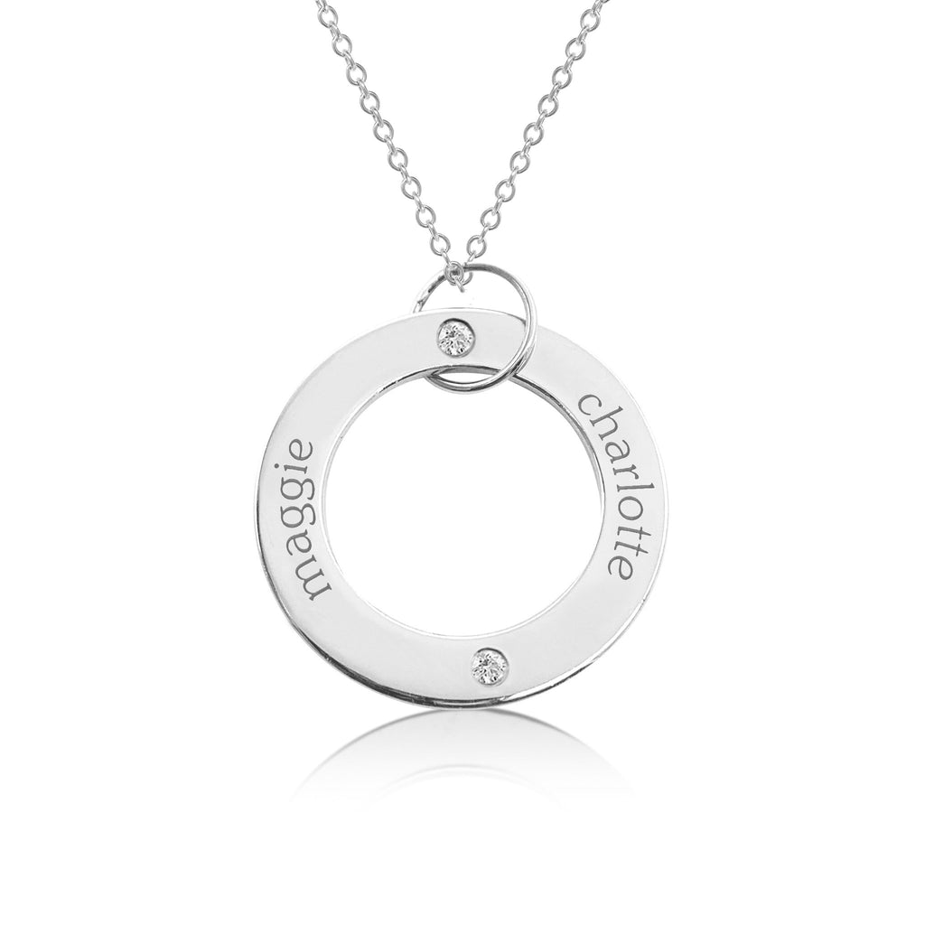 14k Gold Circle Pendant Necklace - 2 Names With Birthstones