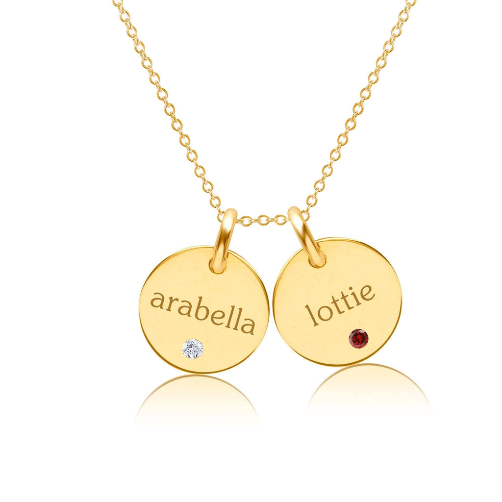 14k Gold Circle Necklace - 2 Names With Birthstones