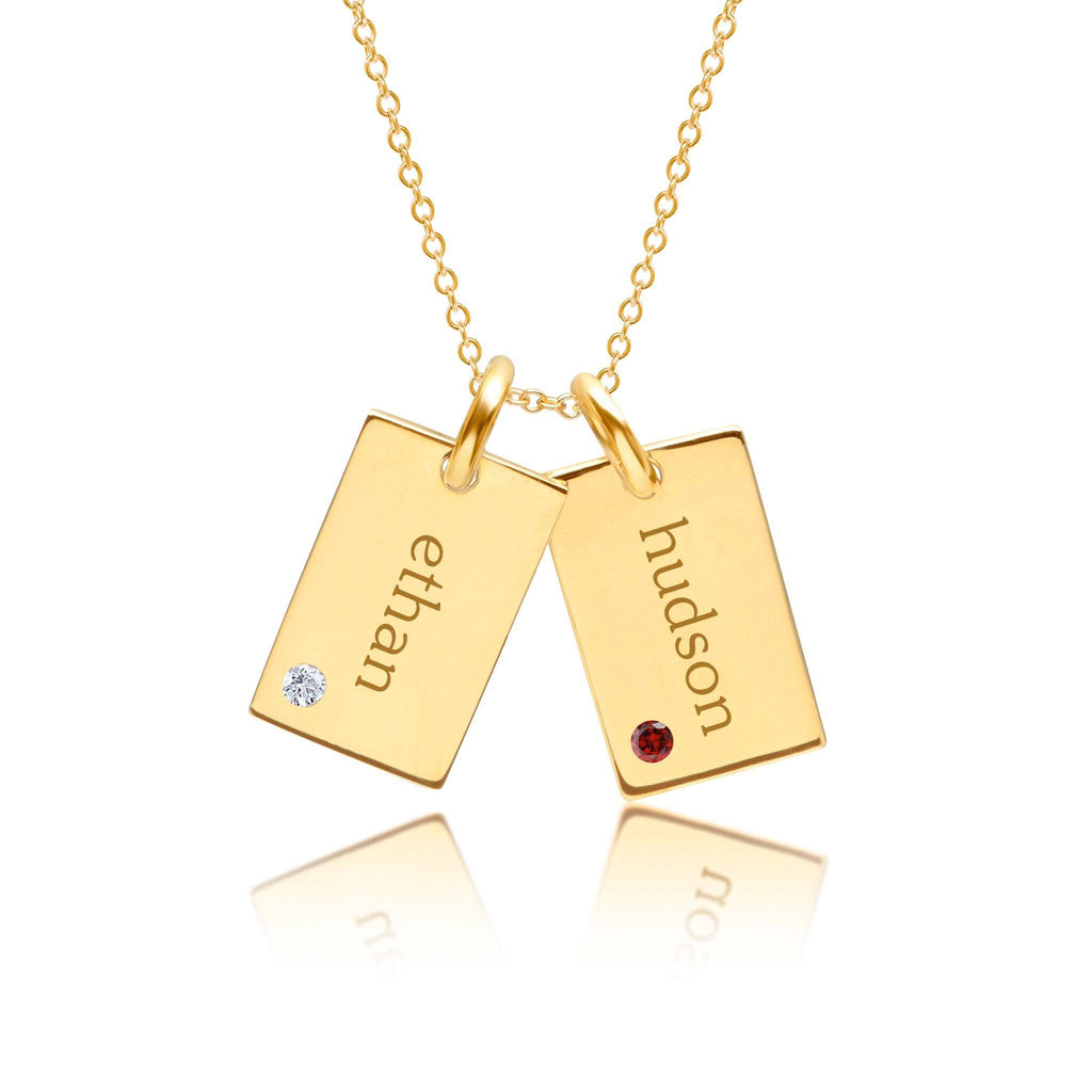 14k Gold Mini Dog Tag Necklace - 2 Names With Birthstones