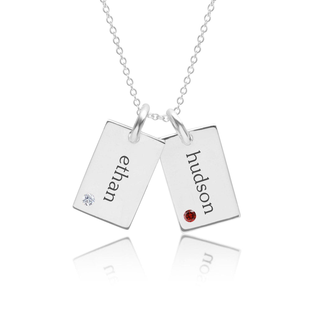 Sterling Silver Mini Dog Tag Necklace - 2 Names With Birthstones