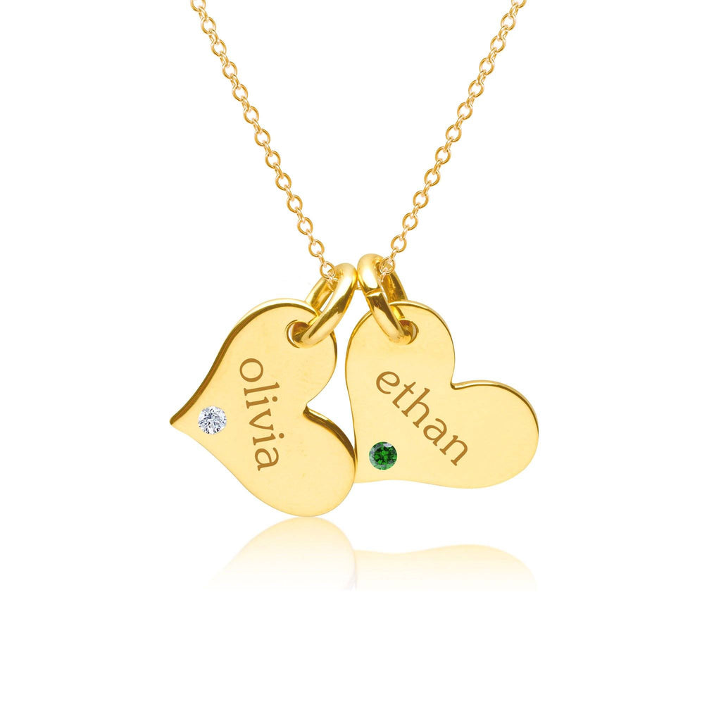 Gold Heart Necklace - 2 Hearts With Birthstones