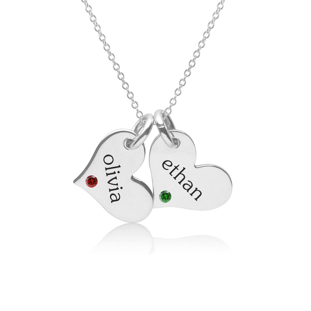 Sterling Silver Heart Necklace - 2 Hearts With Birthstones
