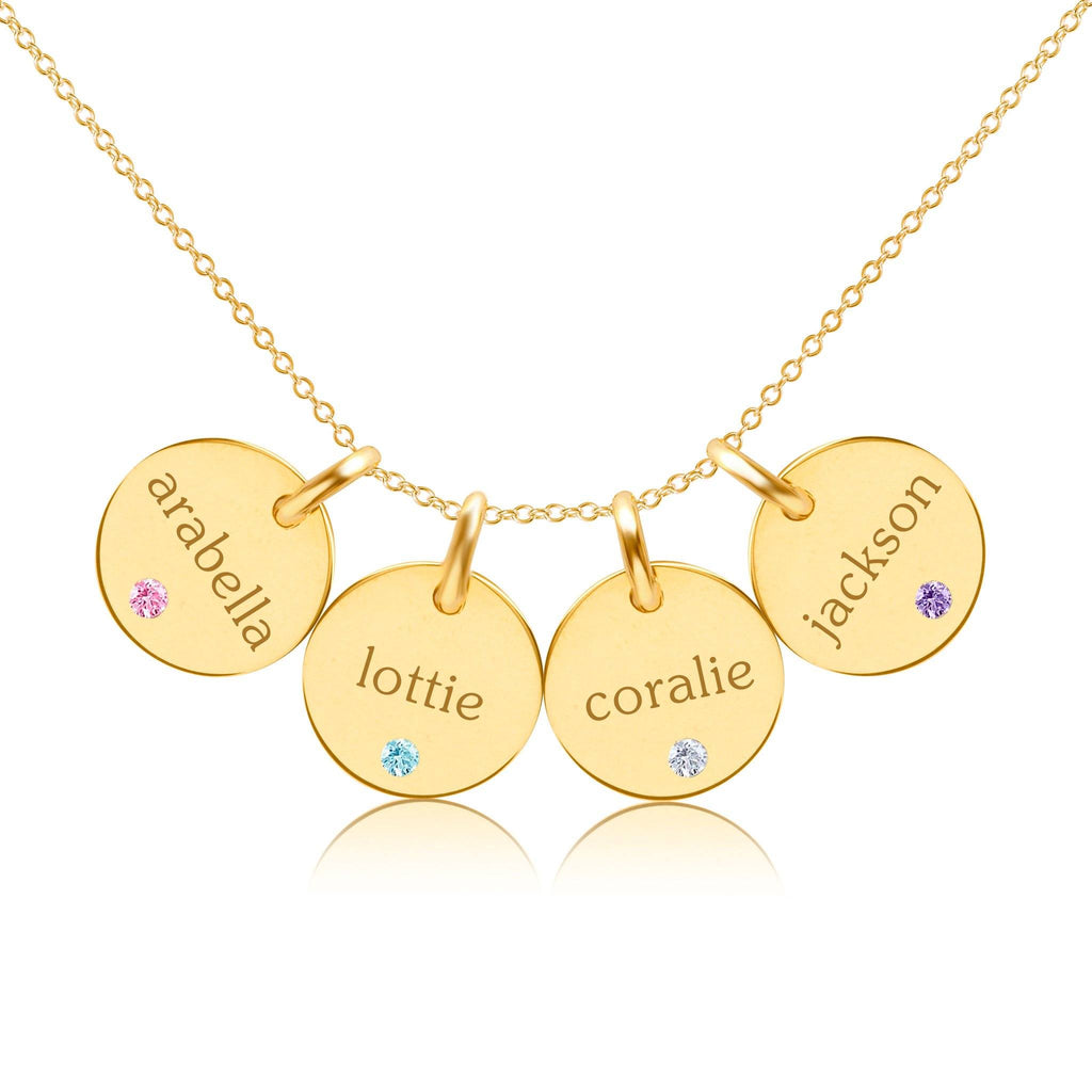 14k Gold Circle Necklace - 4 Names With Birthstones
